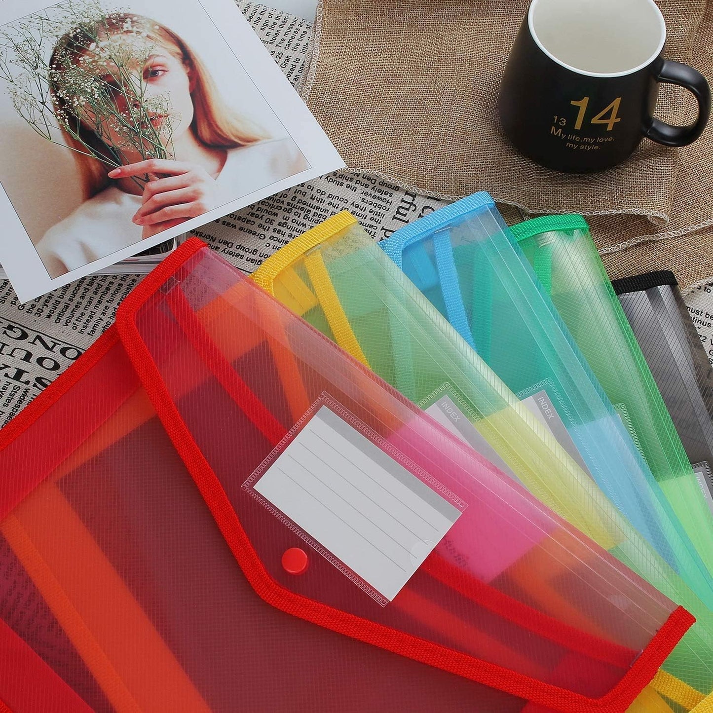 A4 plastic wallet - set of 5 popper wallets plastic folders premium pocket map envelopes for school office V1259-DP01-BO-223