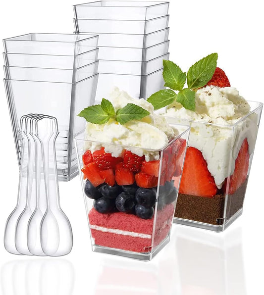 Mini dessert cups (with spoon) 50 pieces reusable - clear - square plastic dessert cups - cheesecake pots - V1259-DP01-BO-230