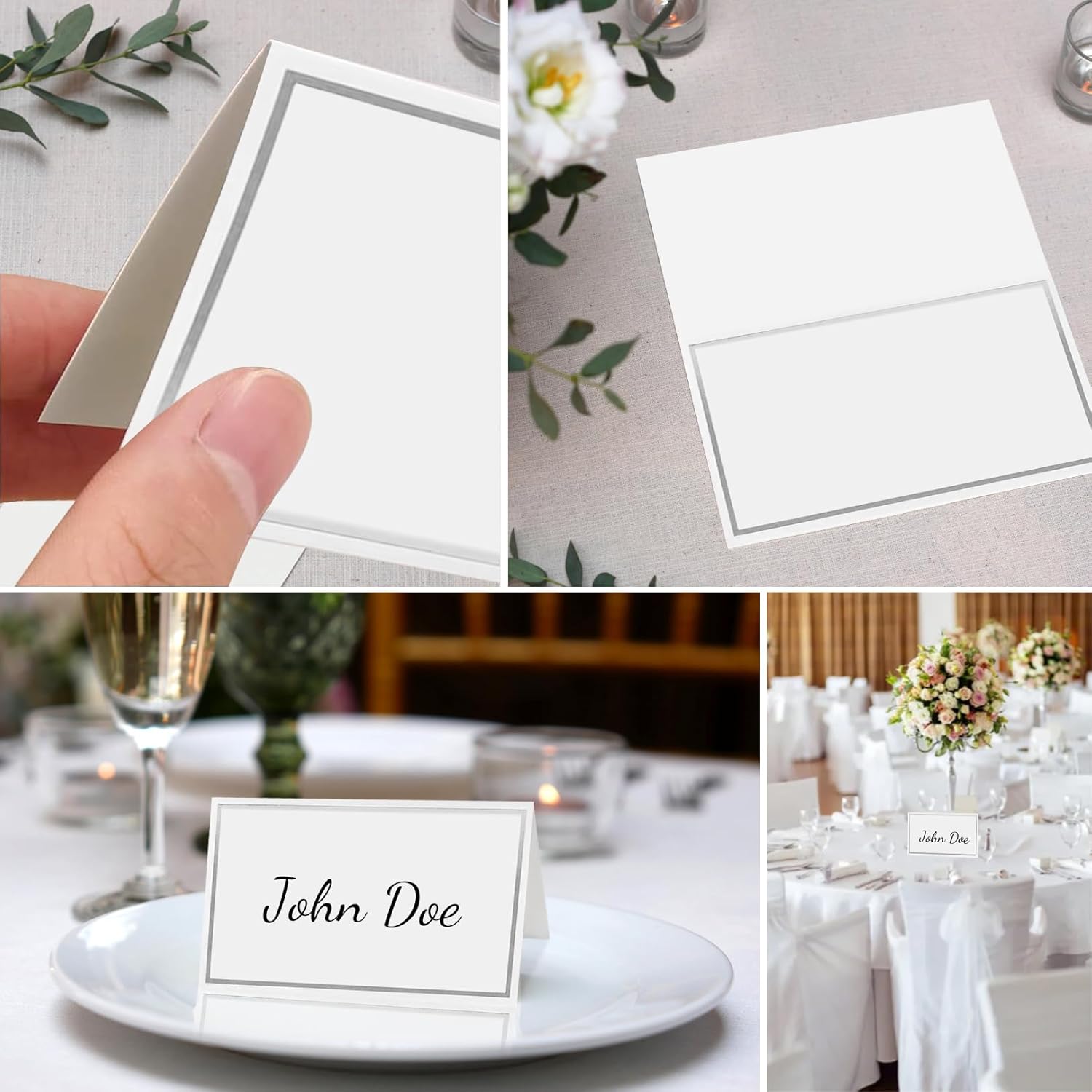 50 silver-edged table decorations reception seating place cards - rectangular plate cards for wedding dinner V1259-DP01-BO-237