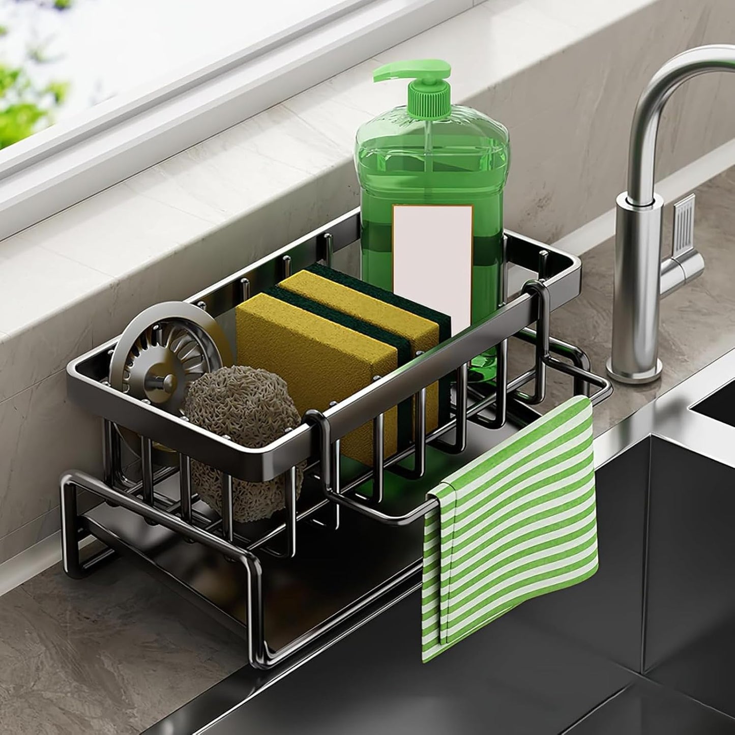 Multifunctional kitchen sink caddy - black stainless steel sponge holder - countertop cleaning rack with V1259-DP01-BO-239