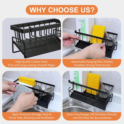 Multifunctional kitchen sink caddy - black stainless steel sponge holder - countertop cleaning rack with V1259-DP01-BO-239