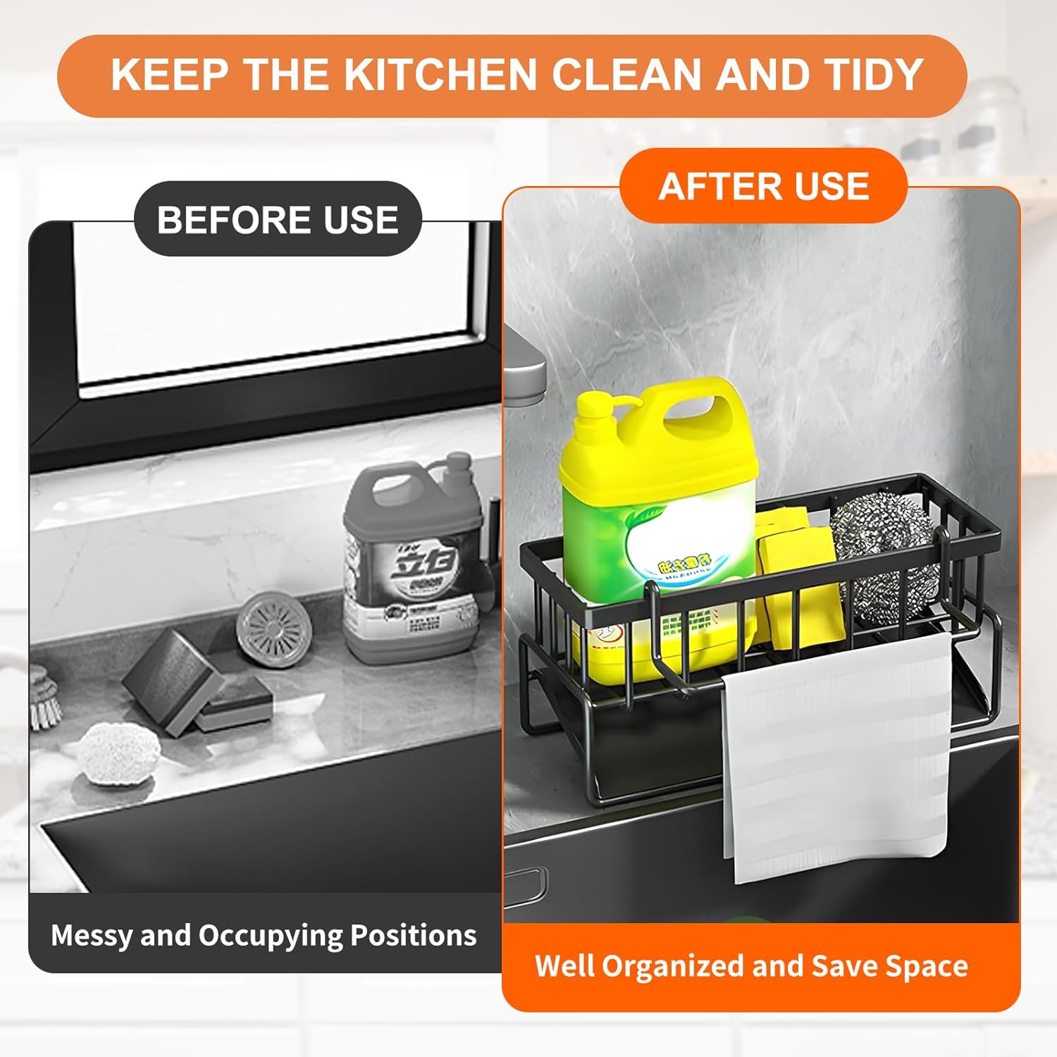 Multifunctional kitchen sink caddy - black stainless steel sponge holder - countertop cleaning rack with V1259-DP01-BO-239