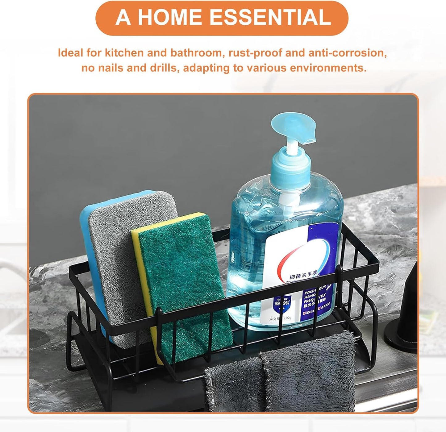 Multifunctional kitchen sink caddy - black stainless steel sponge holder - countertop cleaning rack with V1259-DP01-BO-239