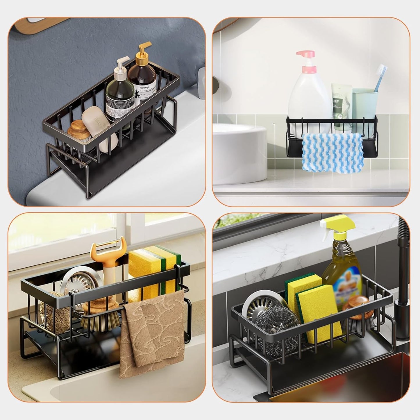 Multifunctional kitchen sink caddy - black stainless steel sponge holder - countertop cleaning rack with V1259-DP01-BO-239