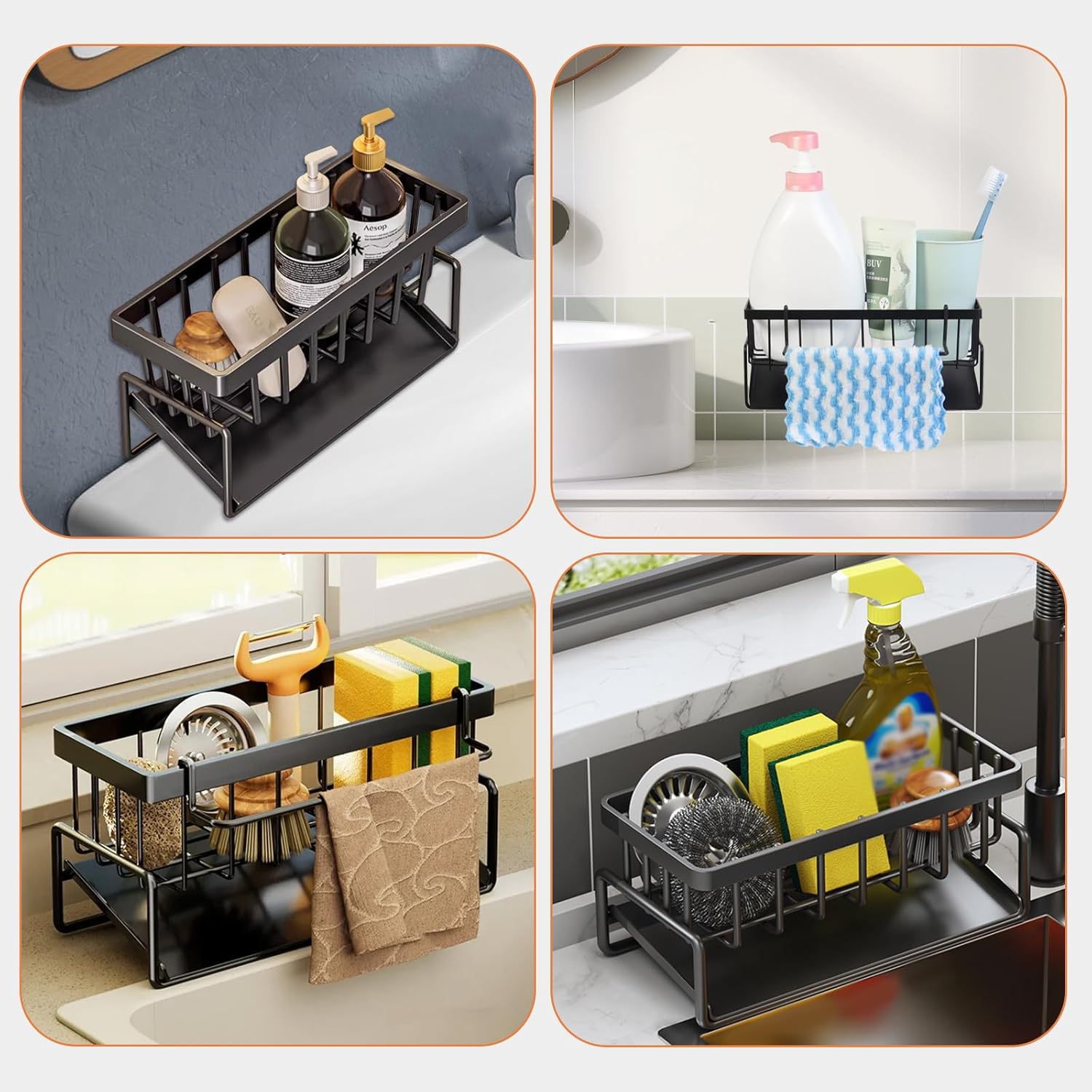 Multifunctional kitchen sink caddy - black stainless steel sponge holder - countertop cleaning rack with V1259-DP01-BO-239