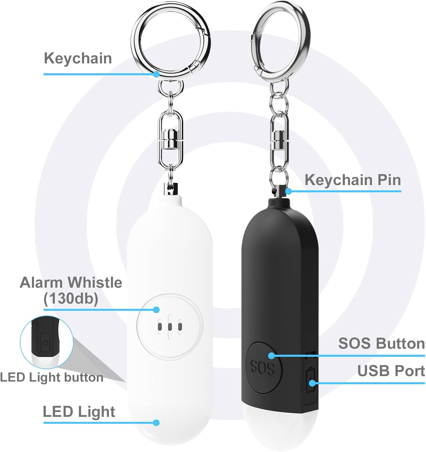 Alarm - Torch - 2-pack - 130dB - Personal alarm - Security alarm - Rechargeable - Emergency siren - with LED V1259-DP01-BO-24