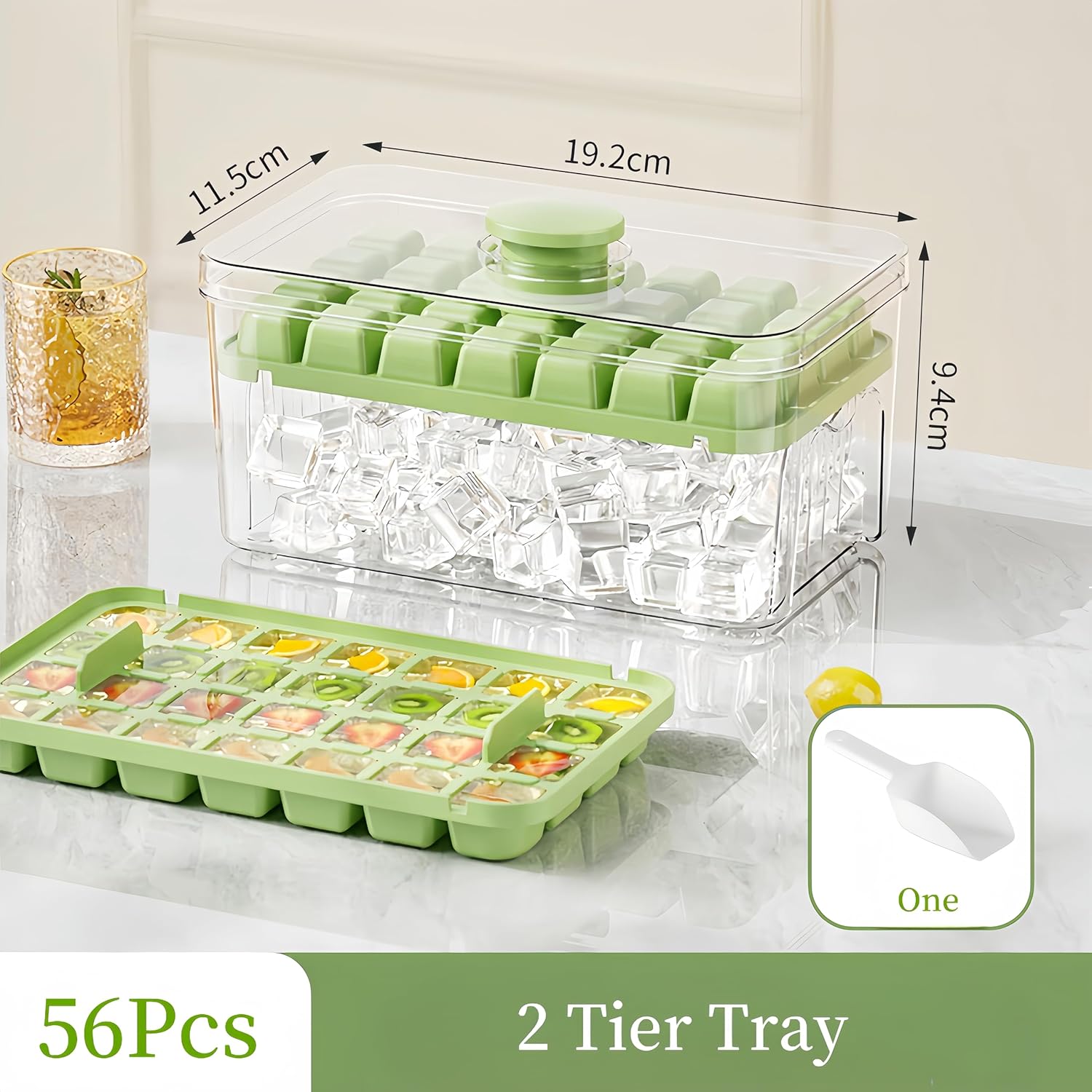 Ice Cube Trays - Ice Cube Tray with Lid and Container - 56 Ice Cube Molds - 2 Containers and Ice Scoop - V1259-DP01-BO-248