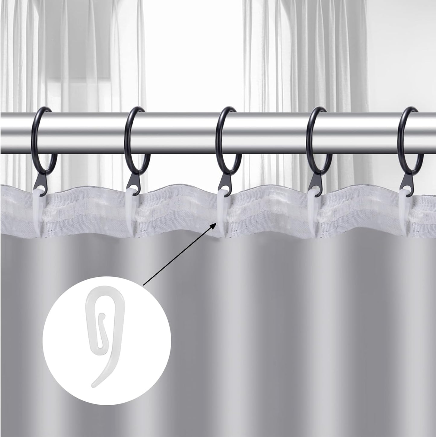 White plastic hooks for windows and door curtains - curtain hooks - suitable for windows, doors and shower V1259-DP01-BO-267