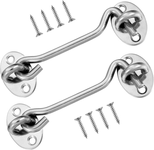 2-pack cabin door latches with hook and eye, 10 cm stainless steel door lock with mounting screws, sturdy V1259-DP01-BO-275