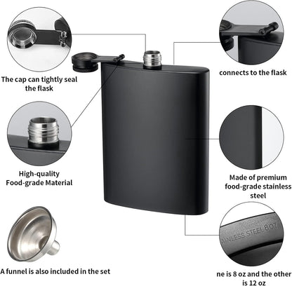 2-pack hip flasks, 8oz and 12oz stainless steel leak-proof slim hip flasks with funnel for men and women V1259-DP01-BO-278