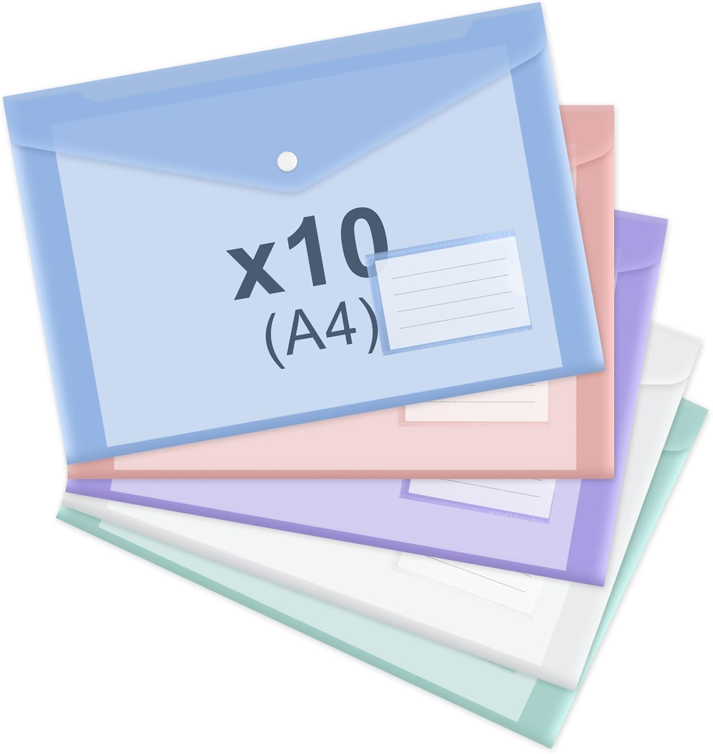 10 pieces of A4 plastic envelope folders, transparent envelopes with press studs, A4 folders with label V1259-DP01-BO-287
