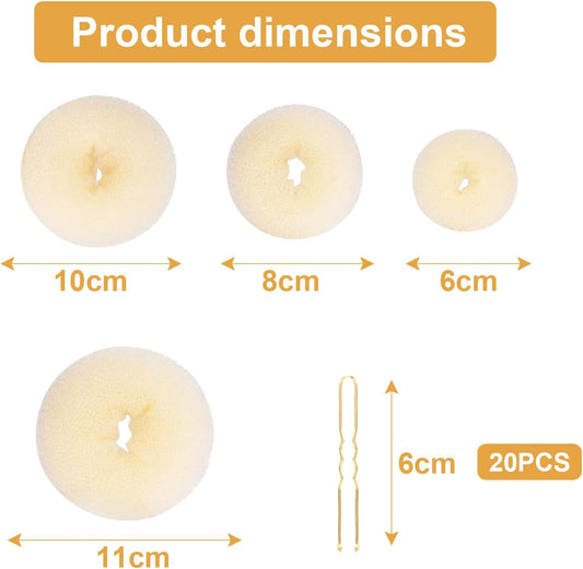 4-piece ring donut hair knot styler with 20 gold hair clips, beige donut bun maker, hair rings, styling set V1259-DP01-BO-305