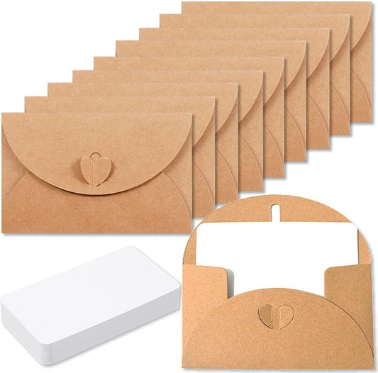 15 kraft envelopes with 15 blank cards - small heart-shaped closure, 10.5 x 7.5 cm, mini envelopes for thank V1259-DP01-BO-308