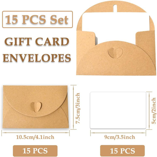 15 kraft envelopes with 15 blank cards - small heart-shaped closure, 10.5 x 7.5 cm, mini envelopes for thank V1259-DP01-BO-308