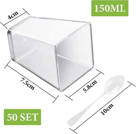 Mini dessert cups (with spoon) 50 pieces reusable- transparent- square plastic dessert cups- cheesecake pots- V1259-DP01-BO-345