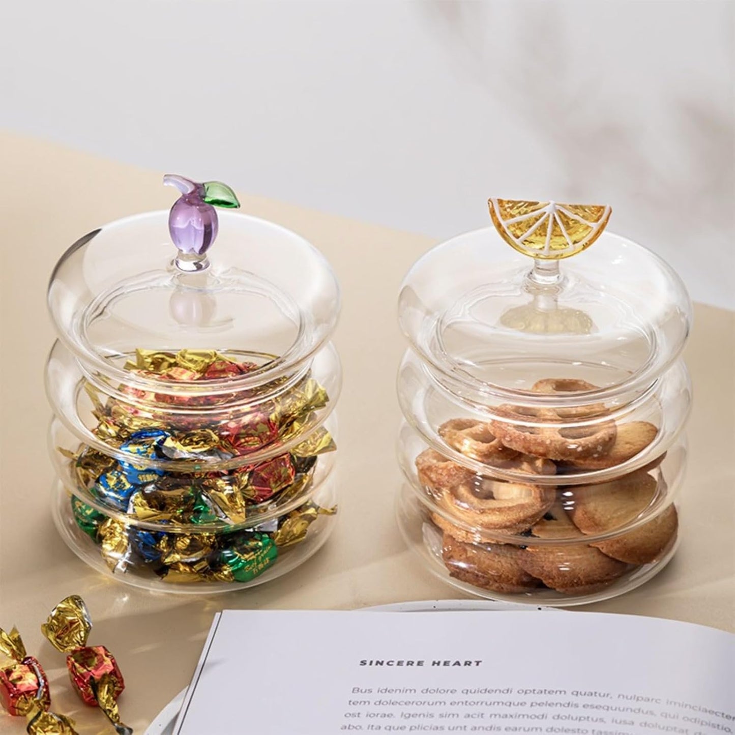 Household candy jar - desk candy box - candy jar with 3D fruit lid and snack compartment (two parts) V1259-DP01-BO-384