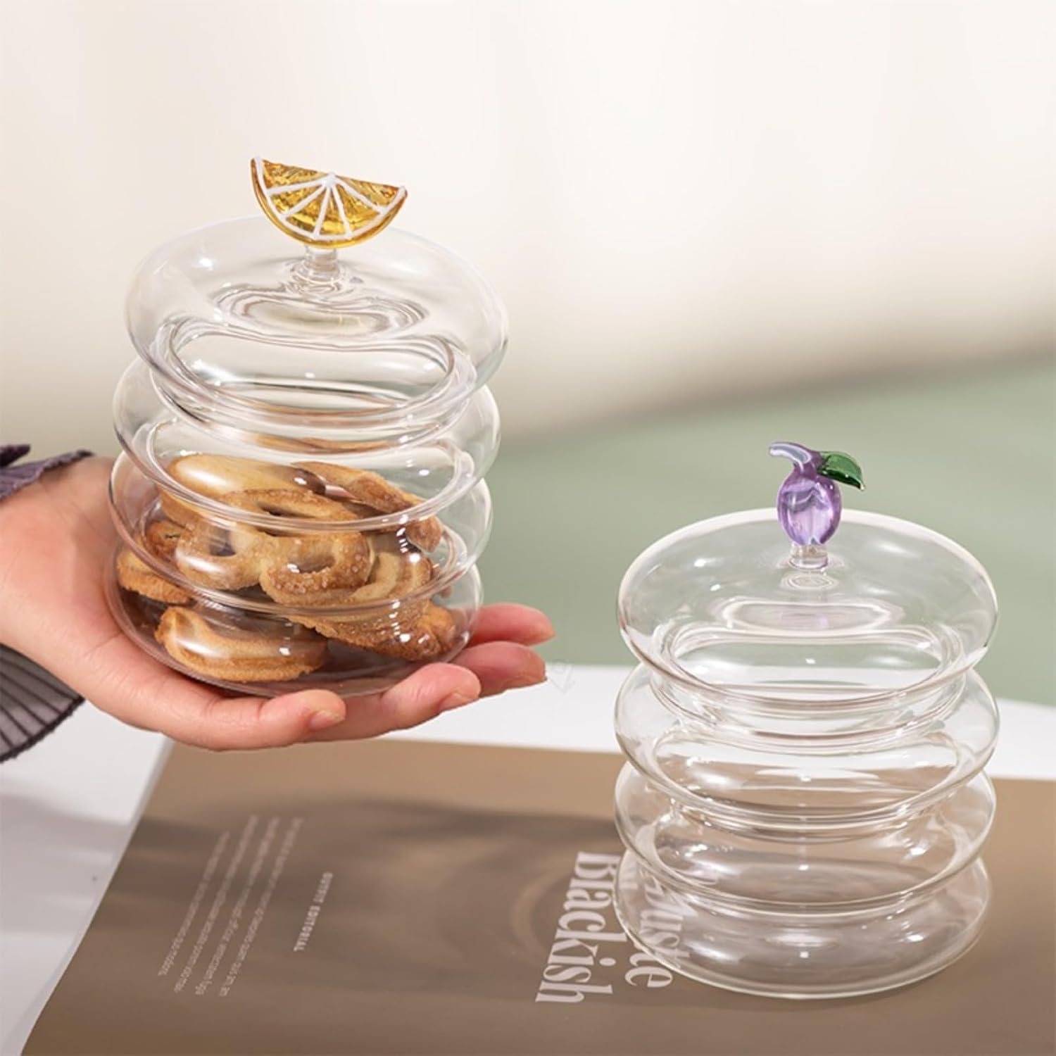 Household candy jar - desk candy box - candy jar with 3D fruit lid and snack compartment (two parts) V1259-DP01-BO-384
