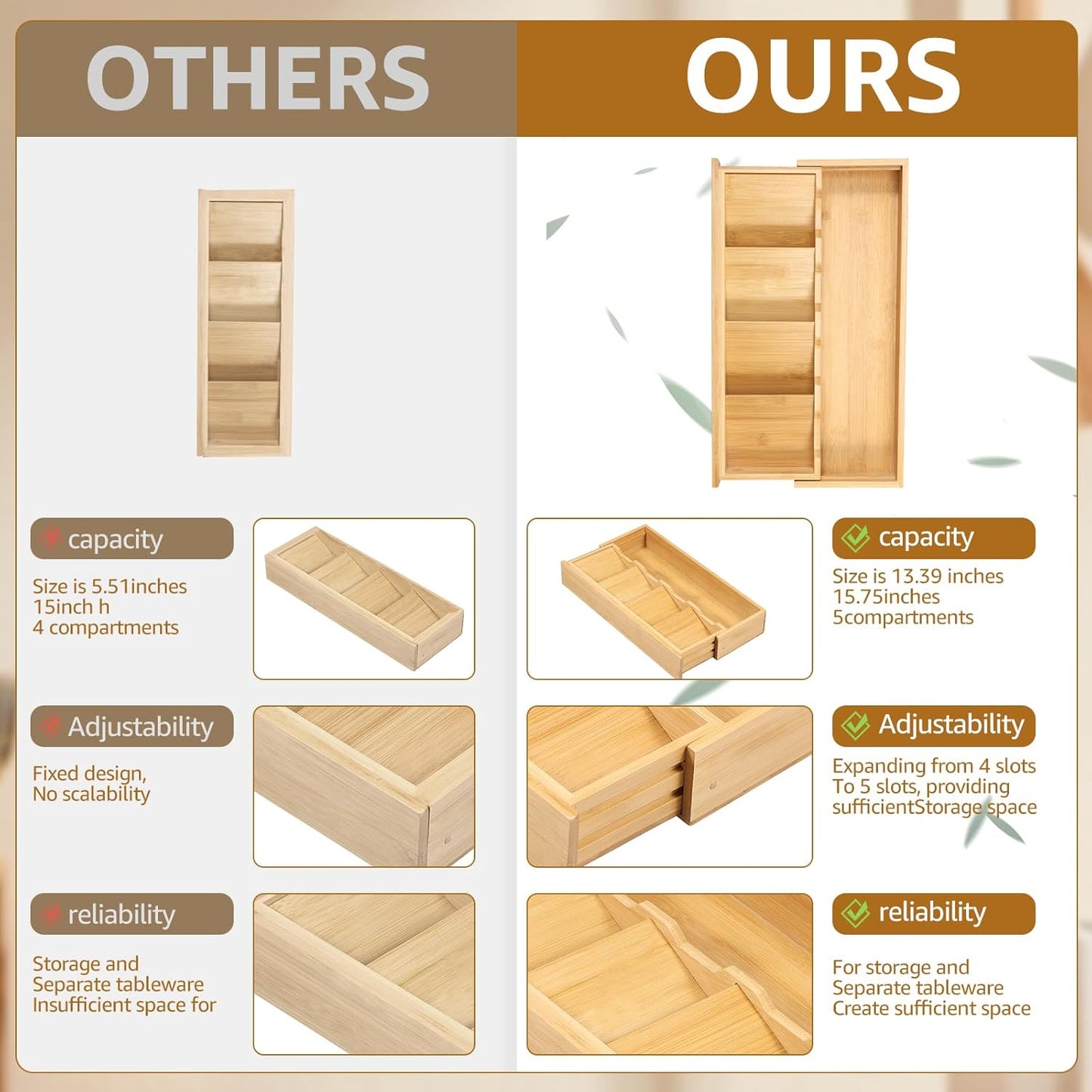 Kitchen drawer organizer - cutlery organizer - expandable bamboo storage box - cutlery rack - telescopic V1259-DP01-BO-423