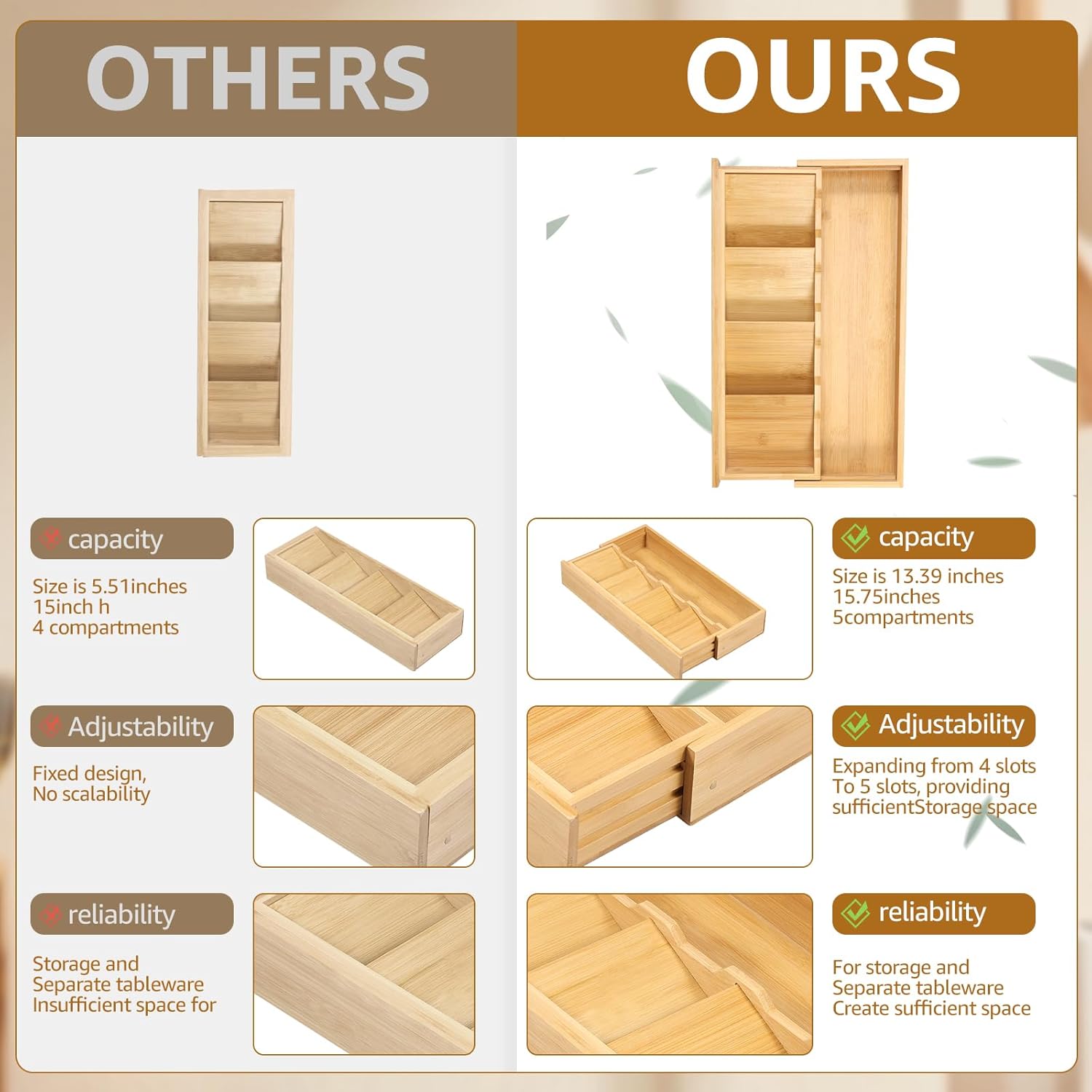 Kitchen drawer organizer - cutlery organizer - expandable bamboo storage box - cutlery rack - telescopic V1259-DP01-BO-423