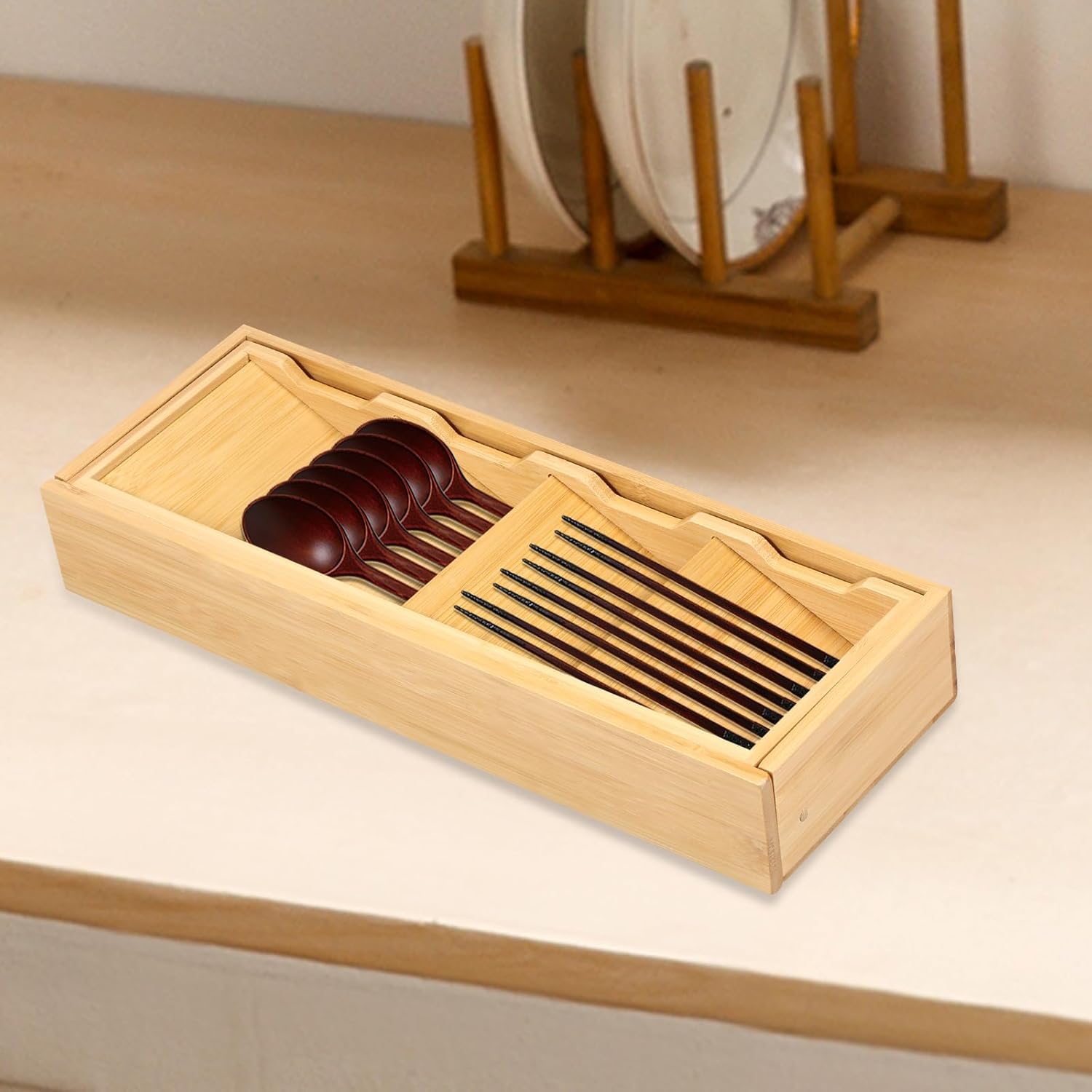 Kitchen drawer organizer - cutlery organizer - expandable bamboo storage box - cutlery rack - telescopic V1259-DP01-BO-423