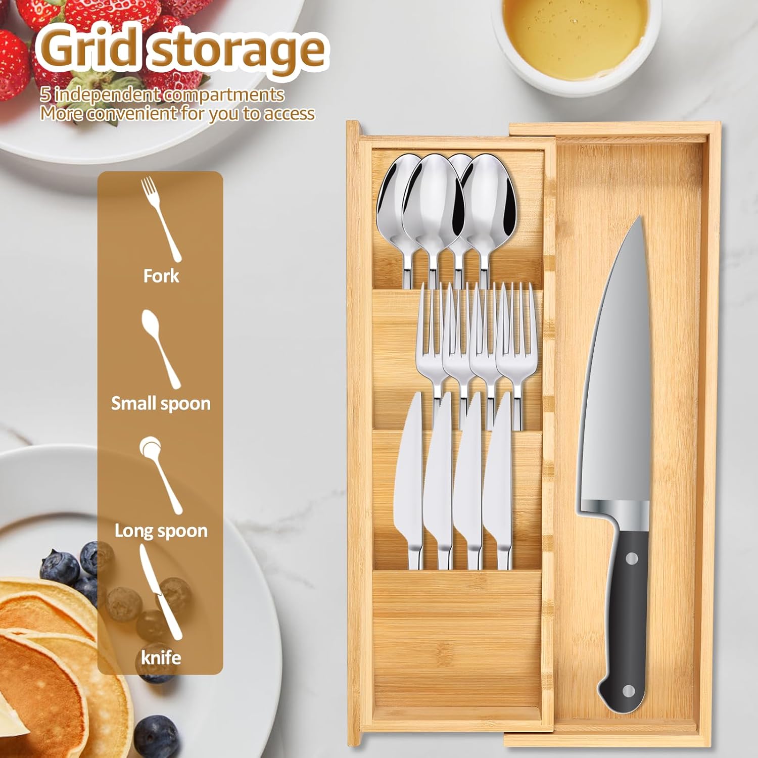 Kitchen drawer organizer - cutlery organizer - expandable bamboo storage box - cutlery rack - telescopic V1259-DP01-BO-423
