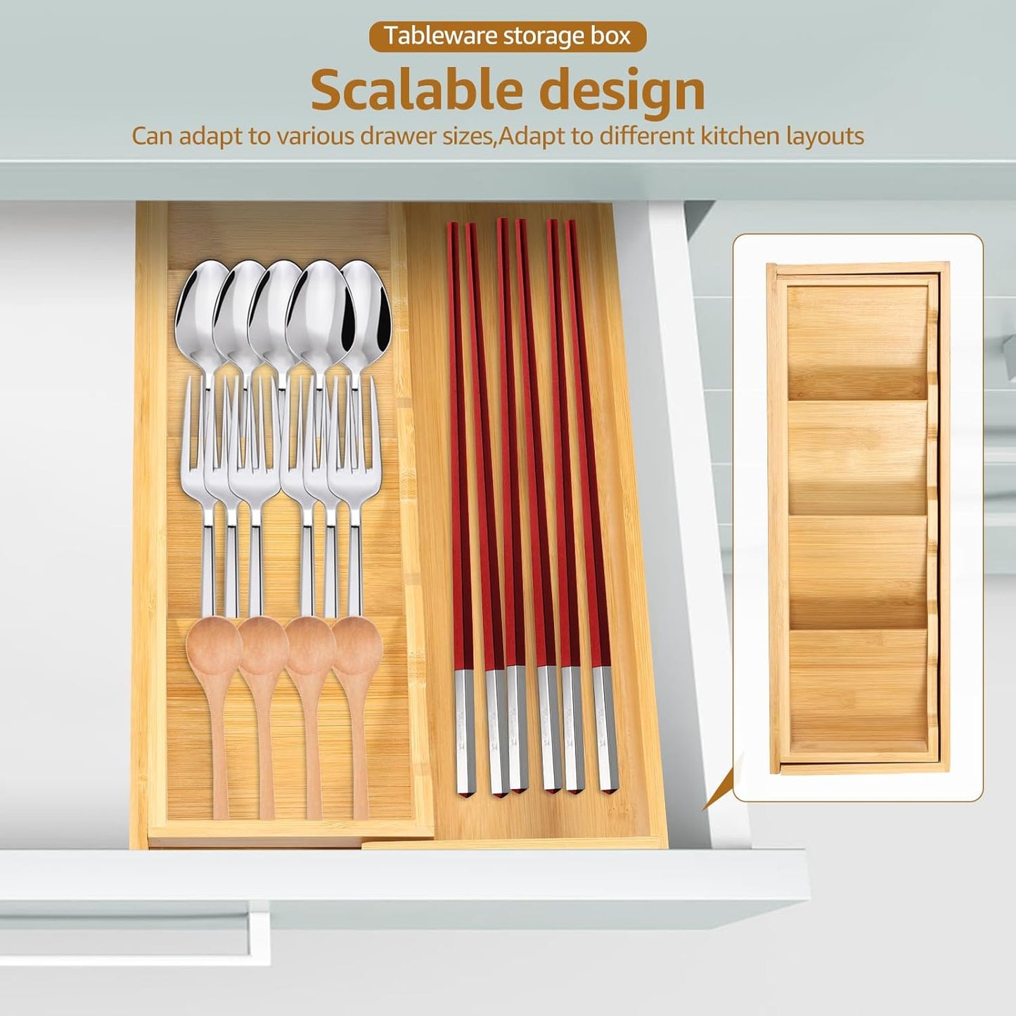 Kitchen drawer organizer - cutlery organizer - expandable bamboo storage box - cutlery rack - telescopic V1259-DP01-BO-423
