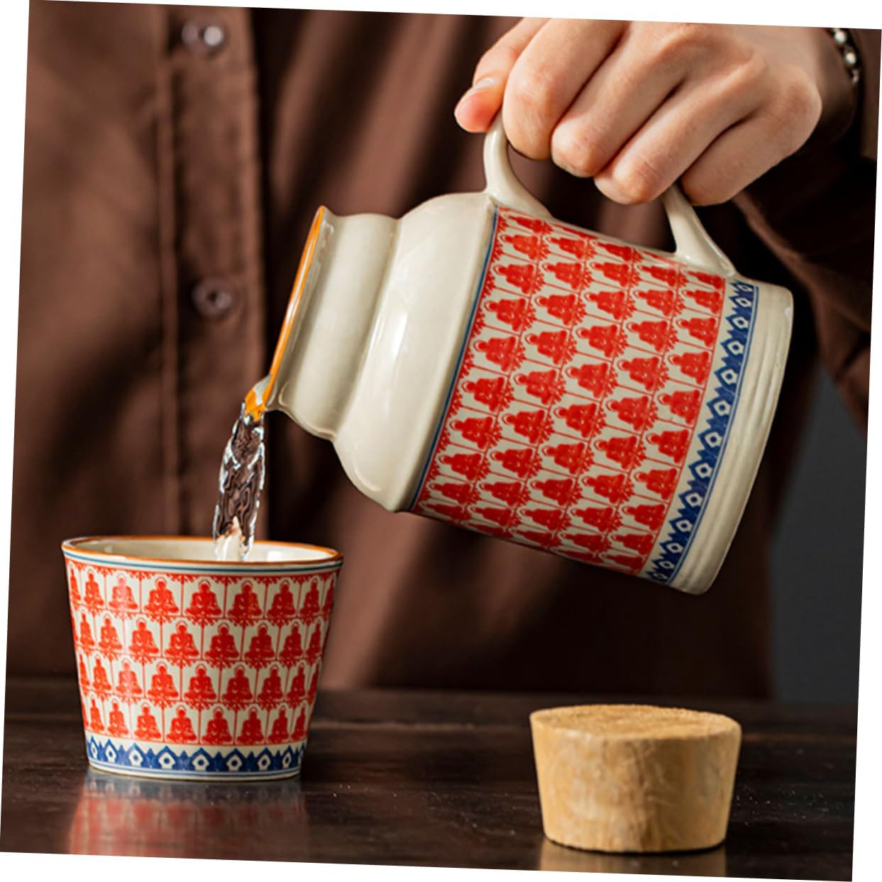 Ceramic teapot set with teacups - white body with red patterns and blue rim - cork stoppers - traditional V1259-DP01-BO-424