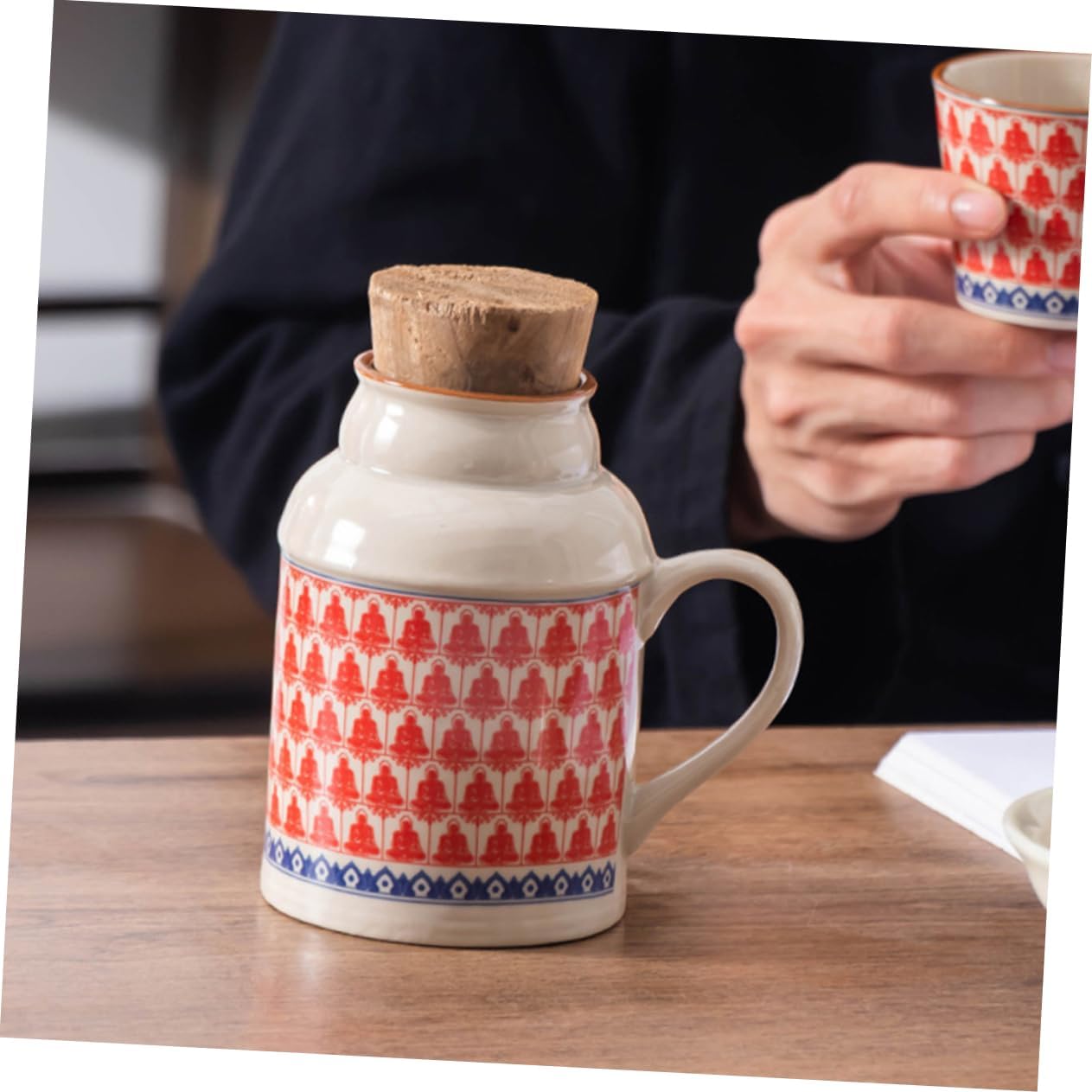 Ceramic teapot set with teacups - white body with red patterns and blue rim - cork stoppers - traditional V1259-DP01-BO-424