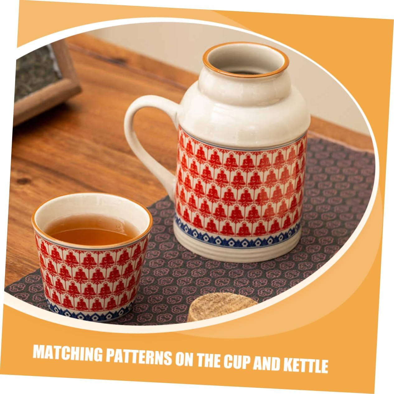 Ceramic teapot set with teacups - white body with red patterns and blue rim - cork stoppers - traditional V1259-DP01-BO-424