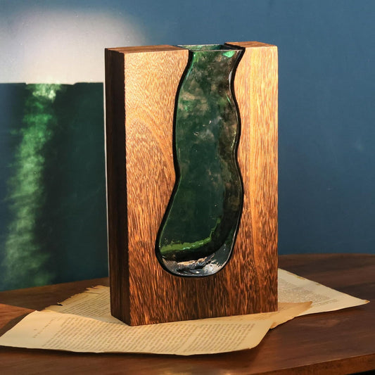 Vase with inlaid wood and glass - Rustic style wood and glass vase - Solid wood and glass vase - Vase for V1259-DP01-BO-465