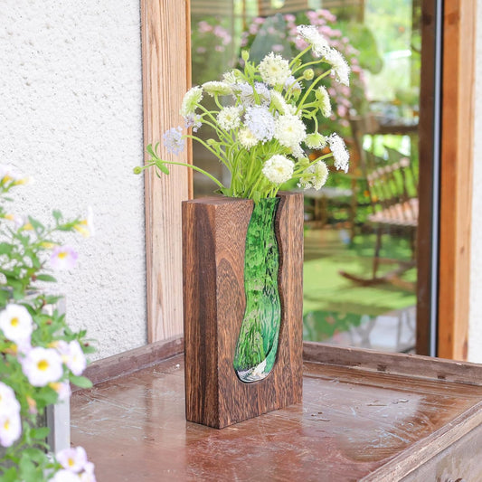 Vase with inlaid wood and glass - Rustic style wood and glass vase - Solid wood and glass vase - Vase for V1259-DP01-BO-465