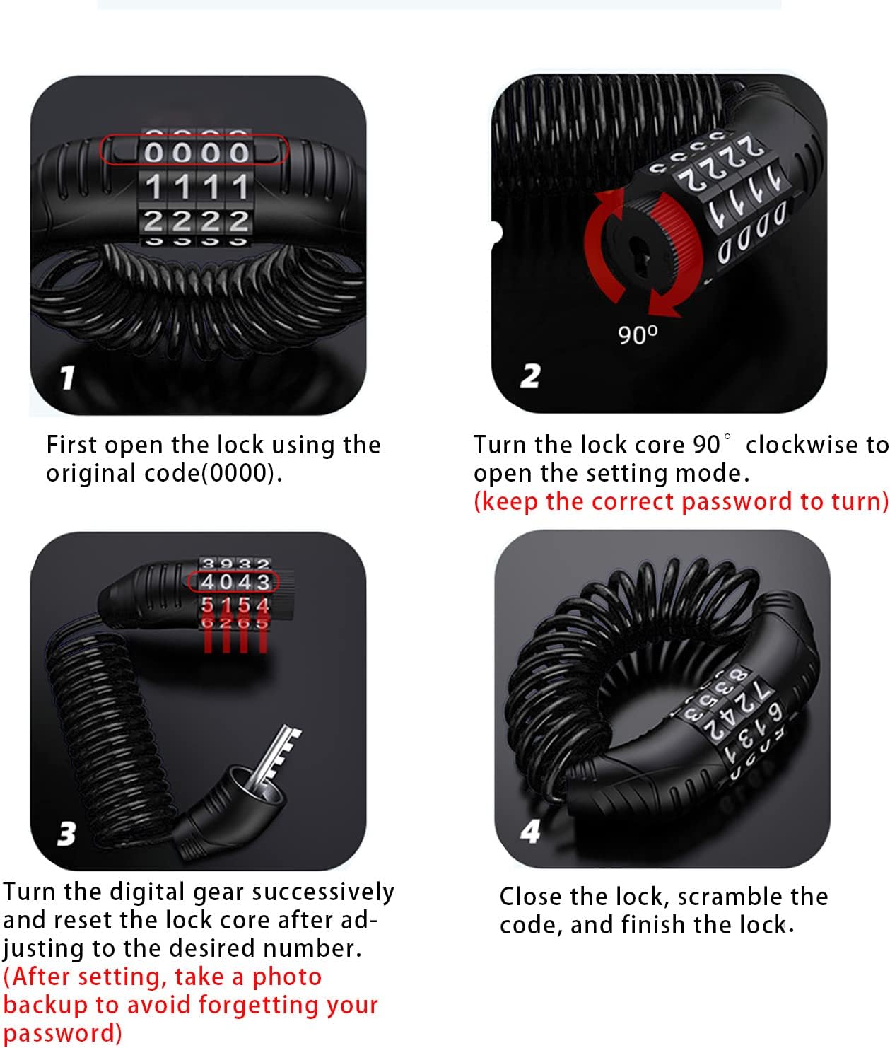 Combination lock - 2 pieces - Black - Motorcycle helmet lock - Theft security - Retractable - Luggage lock - V1259-DP01-BO-48