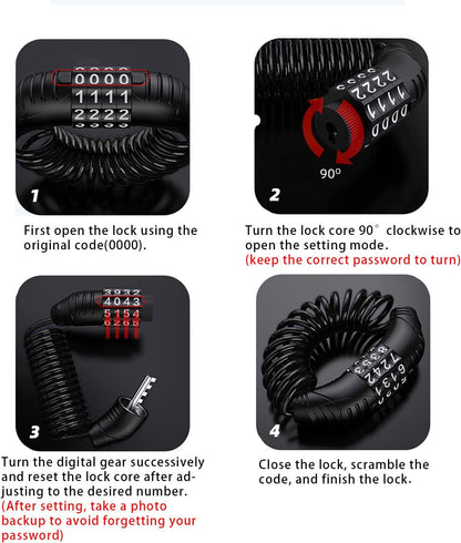Combination lock - 2 pieces - Black - Motorcycle helmet lock - Theft security - Retractable - Luggage lock - V1259-DP01-BO-48