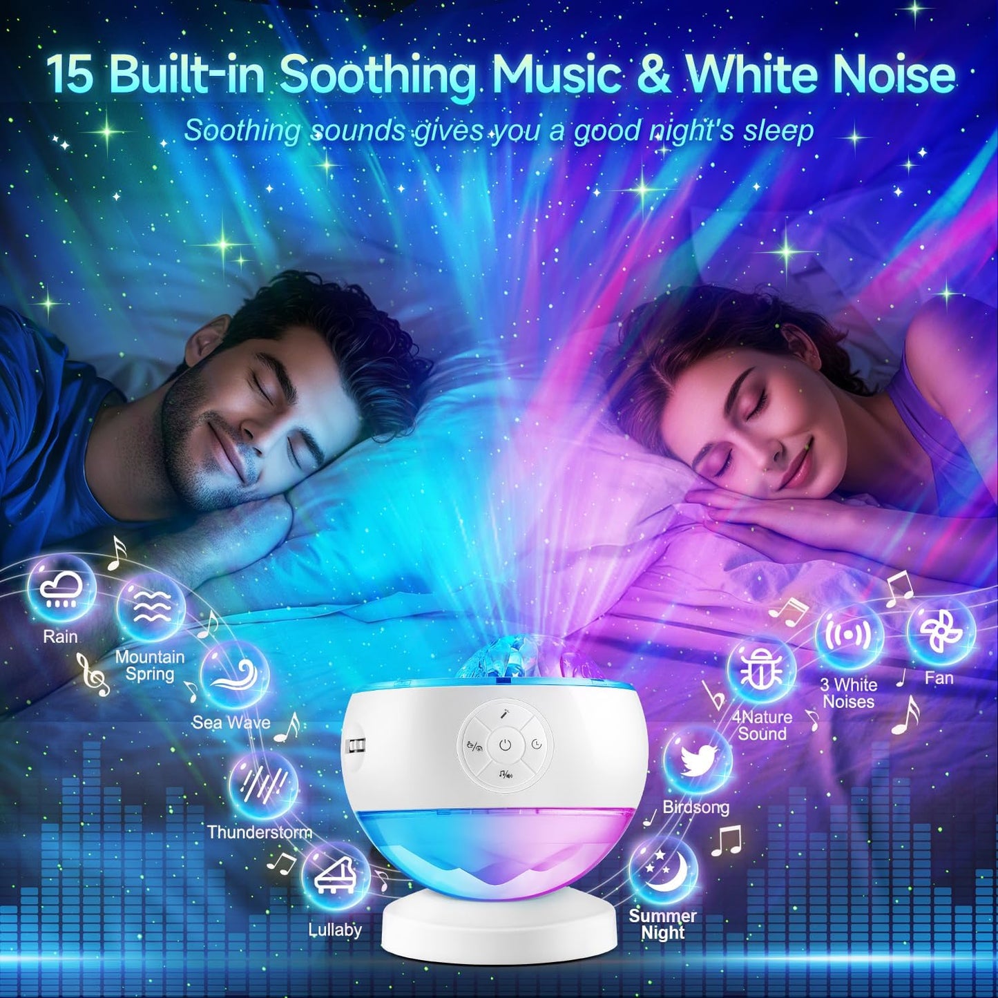 Starry Sky Projector Lamp - 300 Lighting Settings - Northern Light - 15 White Noise Bluetooth Projector Modes V1259-DP01-BO-486