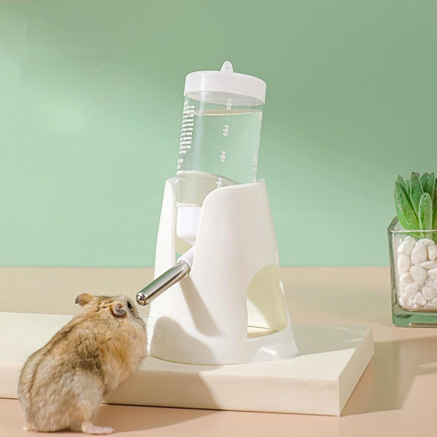 White hamster water bottle with standard, food bowl base, automatic water dispenser, suitable for dwarf V1259-DP01-BO-491