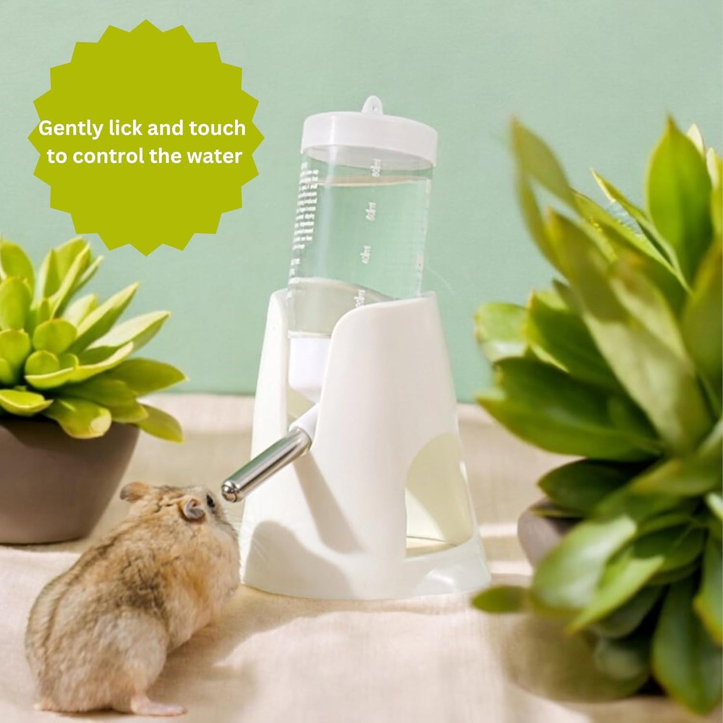 White hamster water bottle with standard, food bowl base, automatic water dispenser, suitable for dwarf V1259-DP01-BO-491
