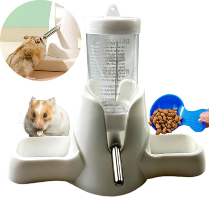 White hamster water bottle with standard, food bowl base, automatic water dispenser, suitable for dwarf V1259-DP01-BO-491