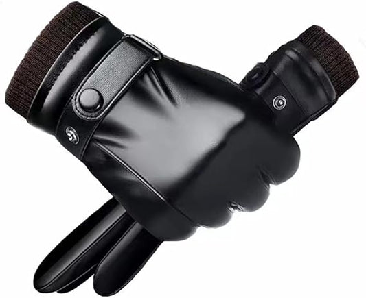 Black winter gloves made of genuine leather - warm and insulated gloves - adjustable size - compatible with V1259-DP01-BO-497