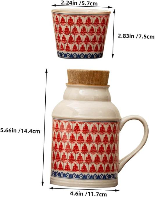 Ceramic teapot set with teacups - white body with red patterns and blue rim - cork stoppers - traditional V1259-DP01-BO-511