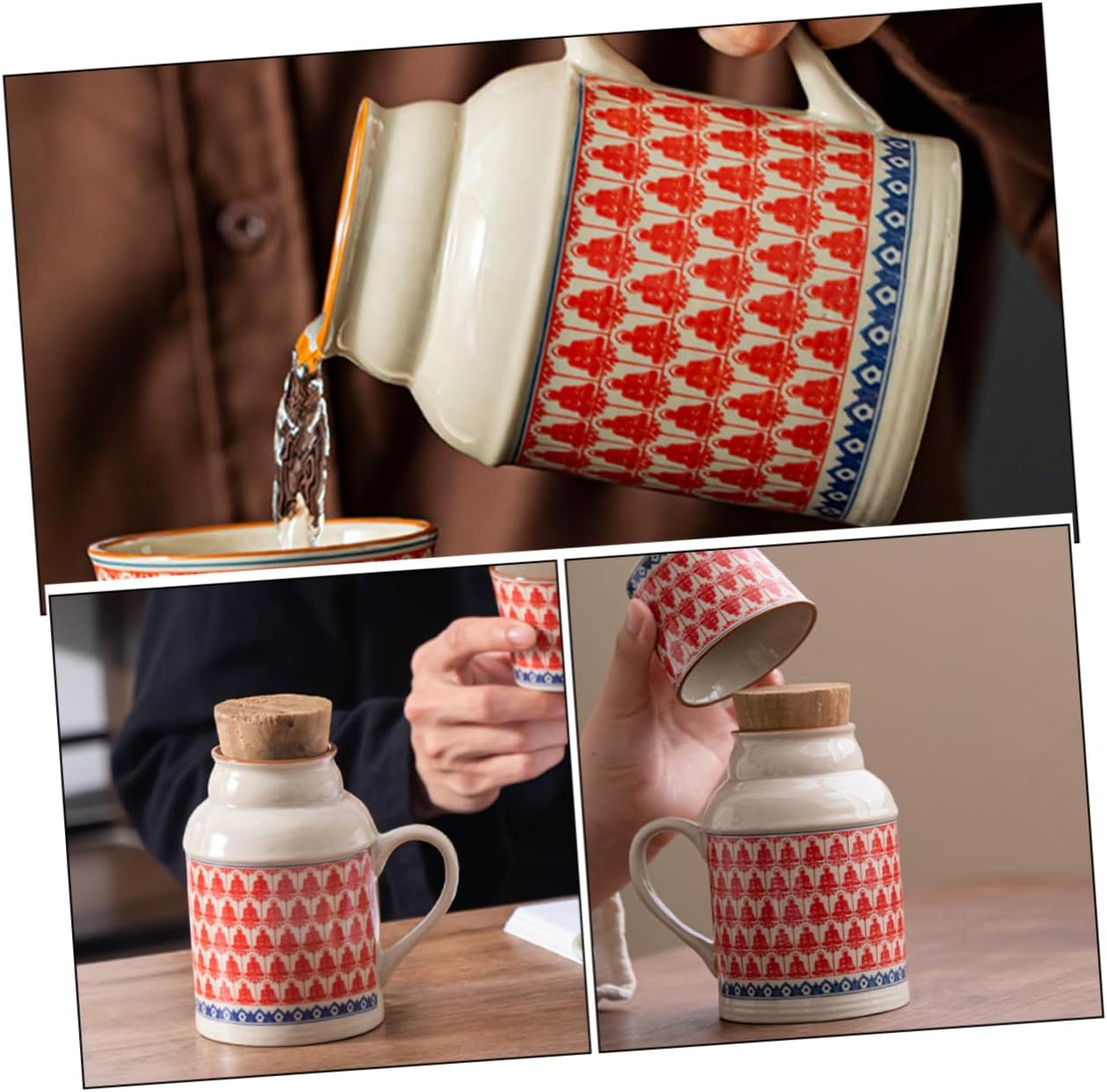 Ceramic teapot set with teacups - white body with red patterns and blue rim - cork stoppers - traditional V1259-DP01-BO-511