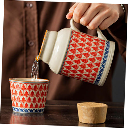 Ceramic teapot set with teacups - white body with red patterns and blue rim - cork stoppers - traditional V1259-DP01-BO-511