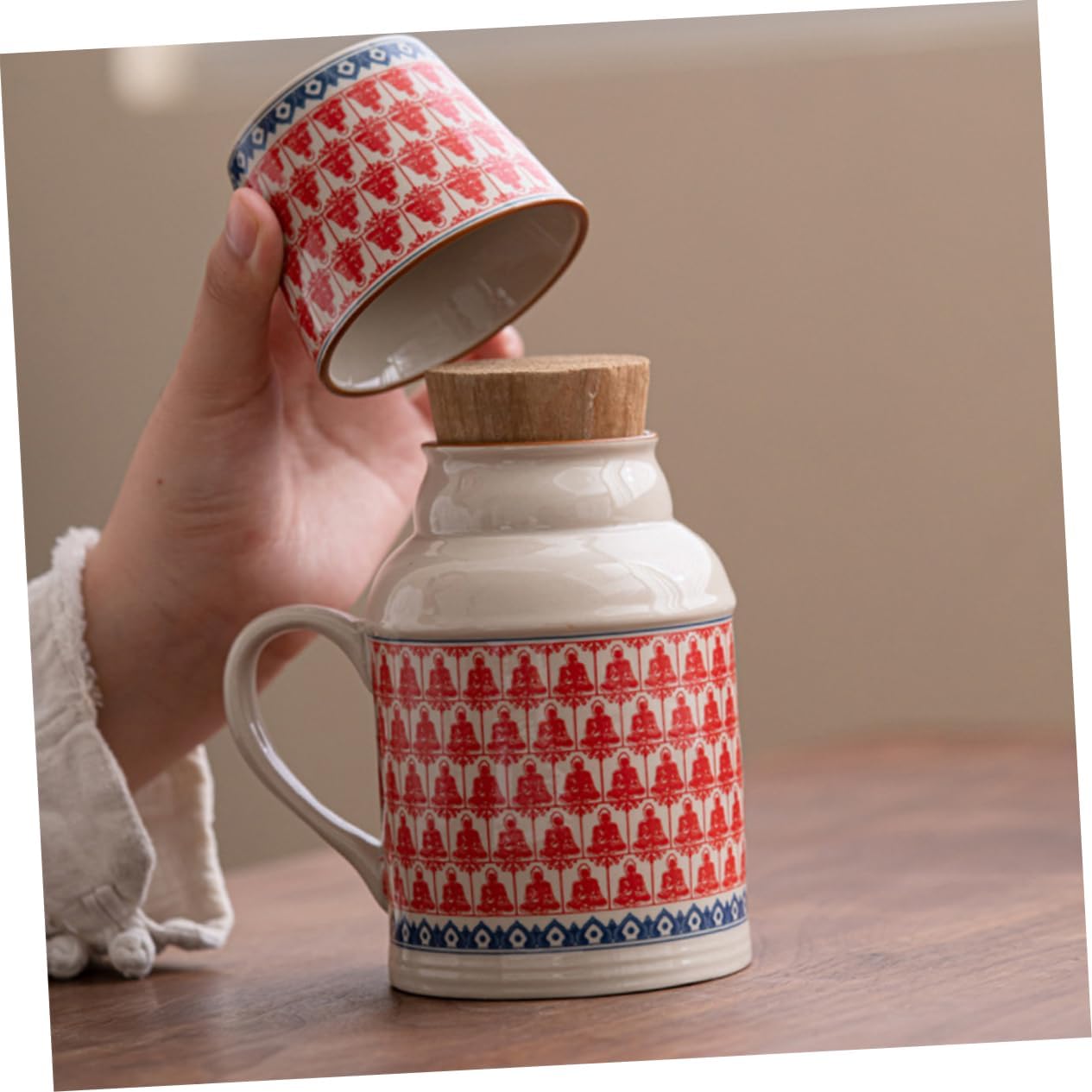 Ceramic teapot set with teacups - white body with red patterns and blue rim - cork stoppers - traditional V1259-DP01-BO-511