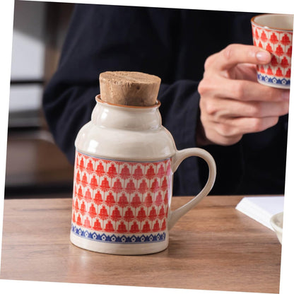 Ceramic teapot set with teacups - white body with red patterns and blue rim - cork stoppers - traditional V1259-DP01-BO-511