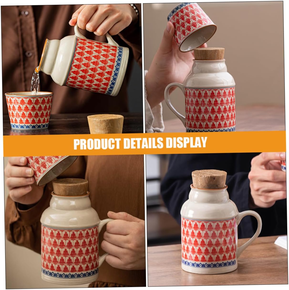 Ceramic teapot set with teacups - white body with red patterns and blue rim - cork stoppers - traditional V1259-DP01-BO-511