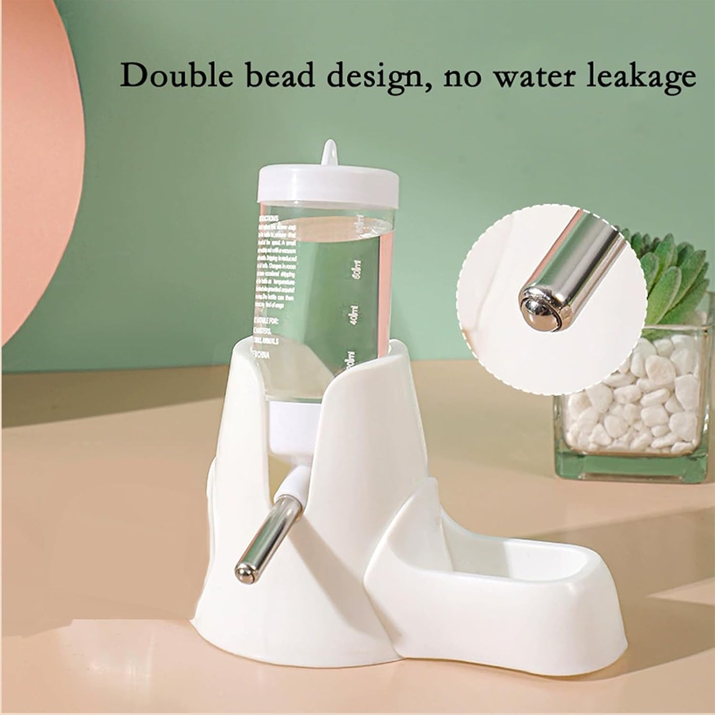 White hamster water bottle with standard, food bowl base, automatic water dispenser, suitable for dwarf V1259-DP01-BO-625