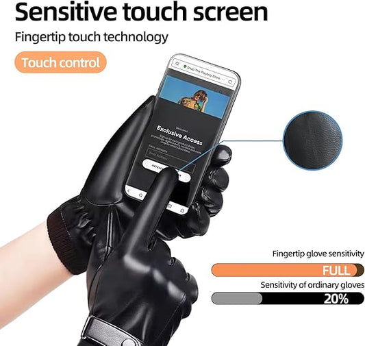 Black winter gloves made of genuine leather - warm and insulated gloves - adjustable size - compatible with V1259-DP01-BO-635