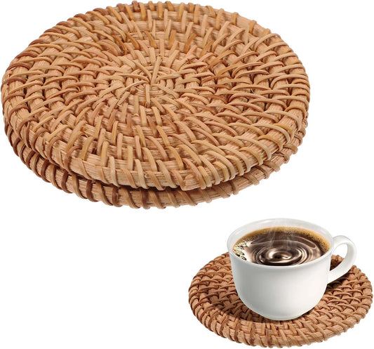 Coasters - Set of 2 - Naturally Woven Coasters - Rattan Coasters - 3.93 inches - Round Reed Coasters - V1259-DP01-BO-98