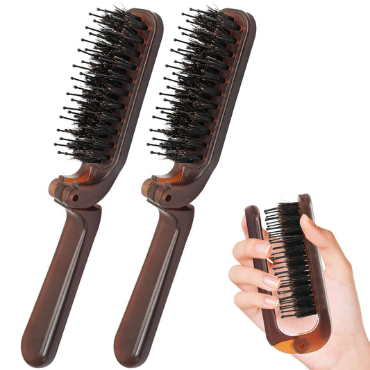 Biaungdo 2 Pack Foldable Hair Brush, Boar Bristle Hair Brush for Women & Men, Mini Travel Hairbrush Portable V1259-DP01-D-119