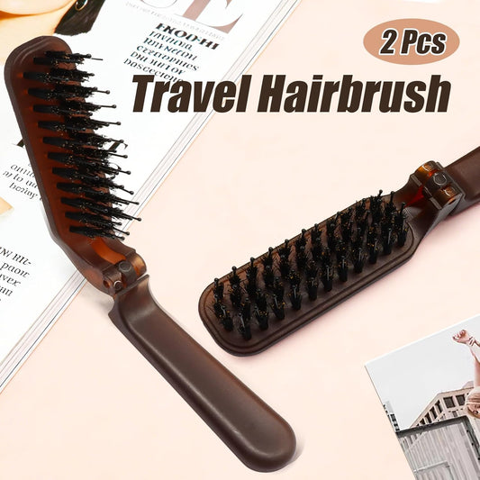 Biaungdo 2 Pack Foldable Hair Brush, Boar Bristle Hair Brush for Women & Men, Mini Travel Hairbrush Portable V1259-DP01-D-119