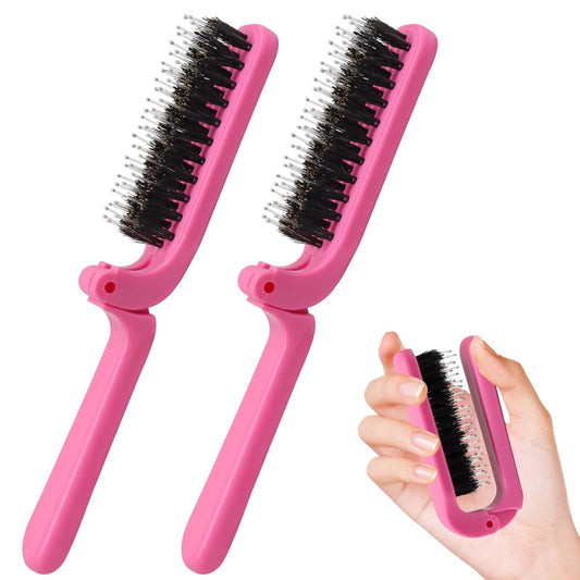 Biaungdo 2 Pack Foldable Hair Brush, Boar Bristle Hair Brush for Women & Men, Mini Travel Hairbrush Portable V1259-DP01-D-124